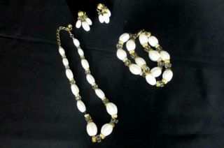 Napier Jewelry Set Necklace Bracelet Earrings White Gold Glass Beads Vtg