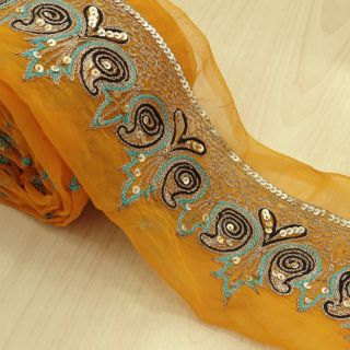 Vintage Saree Border Indian Yellow Sari Embroidered Sewing Wrap 1yd Trim