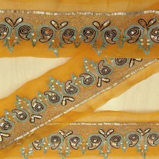 Vintage saree Border Indian Yellow Sari Embroidered Sewing Wrap 1YD Trim 3