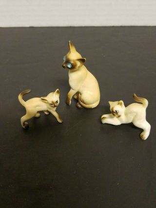 Vintage Set Of 3 Siamese Cat & Kittens Bone China Figurines 1a
