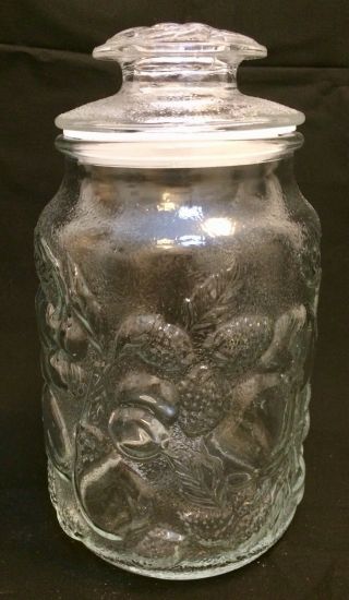 Vintage Clear Glass 9.  5 " Cookie Jar Canister With Lid Embossed Fruit Design
