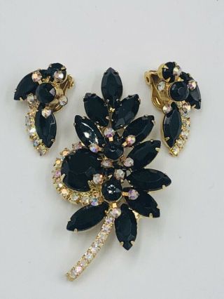 Vintage Juliana D&e Black & Ab Rhinestones Brooch Clip Earrings Set