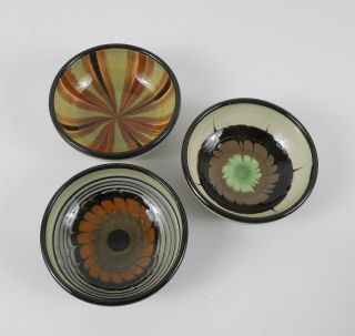 3 Vintage Danish Ceramic Small Bowls/dips Tan Brown Orange Green Made In Denmark