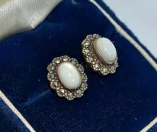 Vintage Sterling Slver,  Mother Of Pearl & Marcasite Halo Cluster Stud Earrings