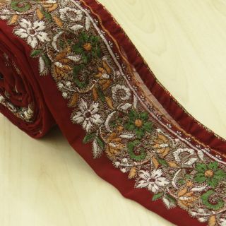 Vintage Saree Border Indian Home Decor Embroidered Sari Ribbon Maroon 1yd Lace