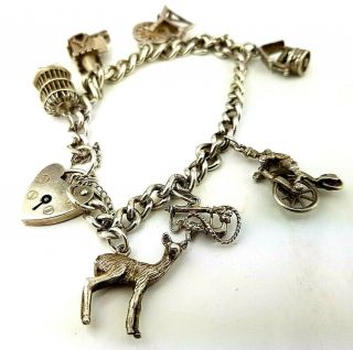 Vintage Sterling Silver Heart Padlock Charm Bracelet With Charms 31.  3 Grams