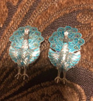 Vintage Siam Sterling Silver Turquoise Enamel Peacock Clip On Earrings