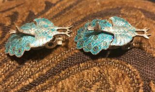 Vintage Siam Sterling Silver Turquoise Enamel Peacock Clip On Earrings 2