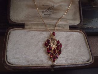 Vintage Ruby Red Navette Crystal Pendant Necklace With Gold Figaro Chain