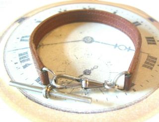 Vintage Pocket Watch Albert 1930s Tan Leather With Nickel Dog Clip & T Bar Nos