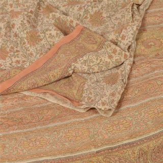Sanskriti Vintage Cream Saree 100 Pure Crepe Silk Printed Sari Decor Fabric