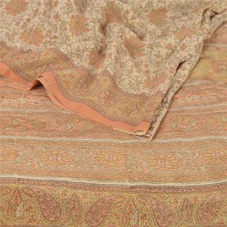 Sanskriti Vintage Cream Saree 100 Pure Crepe Silk Printed Sari Decor Fabric 2