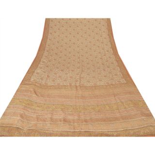 Sanskriti Vintage Cream Saree 100 Pure Crepe Silk Printed Sari Decor Fabric 3