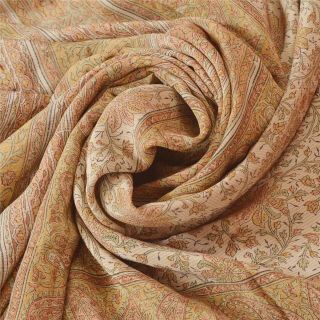 Sanskriti Vintage Cream Saree 100 Pure Crepe Silk Printed Sari Decor Fabric 4