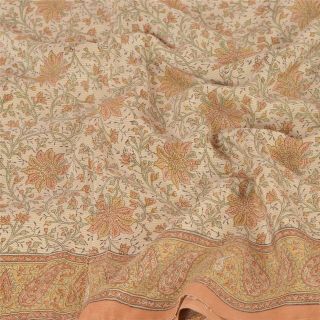 Sanskriti Vintage Cream Saree 100 Pure Crepe Silk Printed Sari Decor Fabric 5