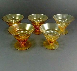 Vintage Amber Gold Depression Glass Dessert Cups Set Of 5 Footed Ribbed 4 Ounces