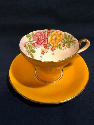Vintage Aynsley Cup & Saucer Set B5025 Bone China England Yellow Teacup Roses