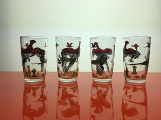 4 Vintage Hazel Atlas Pheasant Hunting Cocktail Barware Juice Tumbler Glasses