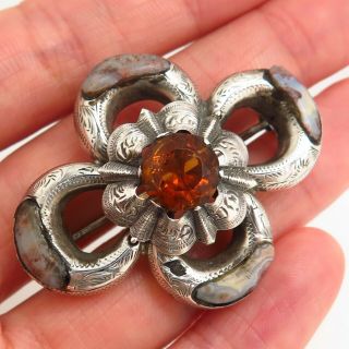 Antique Victorian Scottish Sterling Silver Citrine & Crazy Lace Agate Pin Brooch