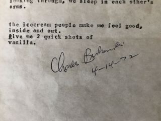 Charles Bukowski Signed Carbon Published Poem Manuscript “ice Cream People”