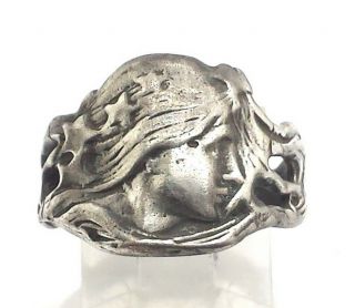 Vintage Art Nouveau Woman Head Design Sterling Silver 925 Ring 7g Sz7 M5304