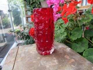 Vintage Whitefriars Taxtured Ruby Red Vase 7 1/2 In High
