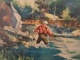 ANTIQUE VINTAGE 1950 ' S OLD PRINT MAN FLY FISHING IN TROUT STREAM AS FOUND IN FRA 3