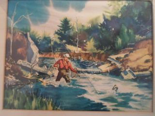 ANTIQUE VINTAGE 1950 ' S OLD PRINT MAN FLY FISHING IN TROUT STREAM AS FOUND IN FRA 5