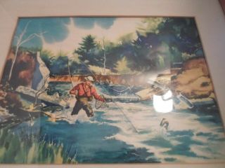 ANTIQUE VINTAGE 1950 ' S OLD PRINT MAN FLY FISHING IN TROUT STREAM AS FOUND IN FRA 7