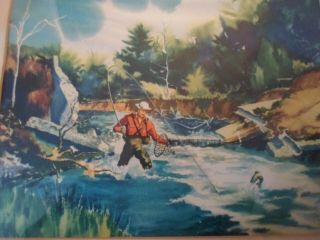 ANTIQUE VINTAGE 1950 ' S OLD PRINT MAN FLY FISHING IN TROUT STREAM AS FOUND IN FRA 8