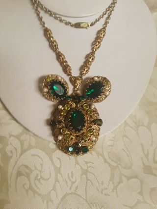 Moms Estate Vintage Emerald Green Rhinestone Necklace Earrings Brooch Set W.  Germ