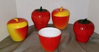 Set Of 4,  Bonus Vintage Hazel Atlas Apple & Strawberry Shaped Jam Jar 1930 