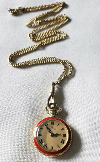 Vintage Bucherer 17 Jewels Red Enamel Pendant Watch Necklace Chain