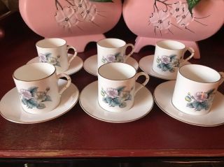 Vintage Set Of 6 Royal Worcester Demitasse Cups With Saucers,  Espresso Floral