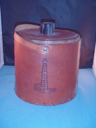 Vintage Leather - Covered Oil Derrick Motif Ice Bucket - 8 " Tall