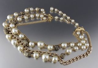 Vintage 50’s Multi 4 Strand Gold Tone & White Faux Pearl Bead Necklace Japan