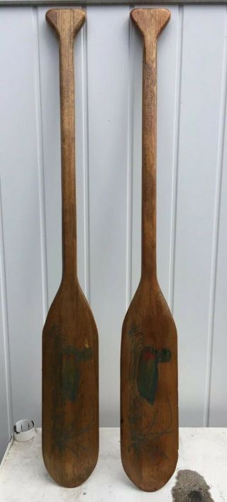 36” Wooden Canoe Oars Paddles - Vintage Wood Set 2 - Painted Ducks