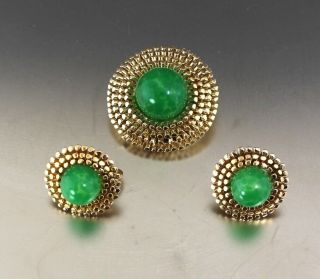 Vintage 50’s Green Glass Bead Pin Brooch & Clip Earring Set Bergere