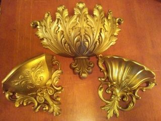 3 Vintage Gold Wall Pocket Planters Hollywood Regency Ornate Syroco Homco Dart L