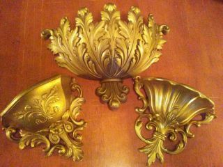 3 Vintage Gold Wall Pocket Planters Hollywood Regency Ornate Syroco Homco Dart L 2