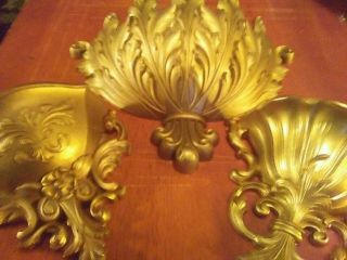 3 Vintage Gold Wall Pocket Planters Hollywood Regency Ornate Syroco Homco Dart L 3