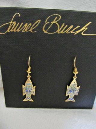 Vintage Signed Laurel Burch Fish Turquoise Royal Blue Cloisonne Earrings Nos