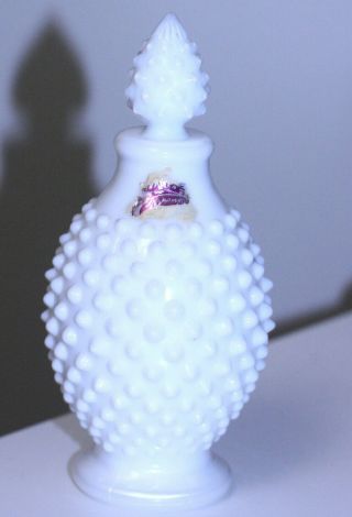 Rare Vintage Fenton White Milk Glass Hobnail Perfume Bottle W/acorn Stopper