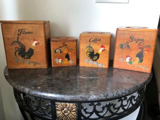 Vintage Rooster Wooden Canister Set,  Flour,  Sugar,  Coffee,  Tea Dovetail
