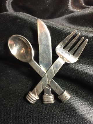 Vintage Big & Bold Fun Sterling Silver Pin/pendant Knife Fork Spoon Fabulous ••
