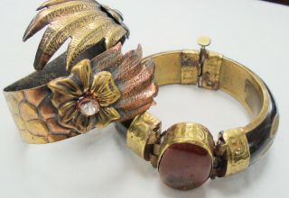 Stunning Wide Vintage Gold Metal,  Carnelian & Horn Hinged Cuff Bracelet,  1