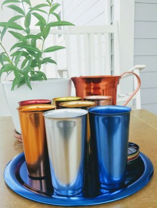 Vintage Emson Ware Mid Century Retro Aluminium Colorful Cups & Pitcher Set
