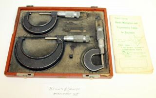 Vintage Brown & Sharpe Micrometer 3 Piece Set 0 - 3” Measures to 25 Thousandths 3