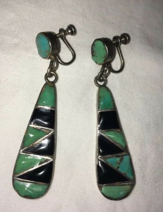 Antique Vtg Native American Sterling Silver Onyx/turquoise Earrings