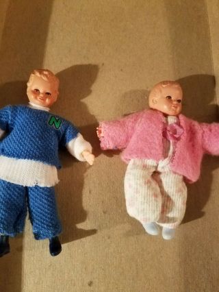 Vintage Caco German Dollhouse Miniature Tiny Baby 2 Dolls In Blue And Pink
